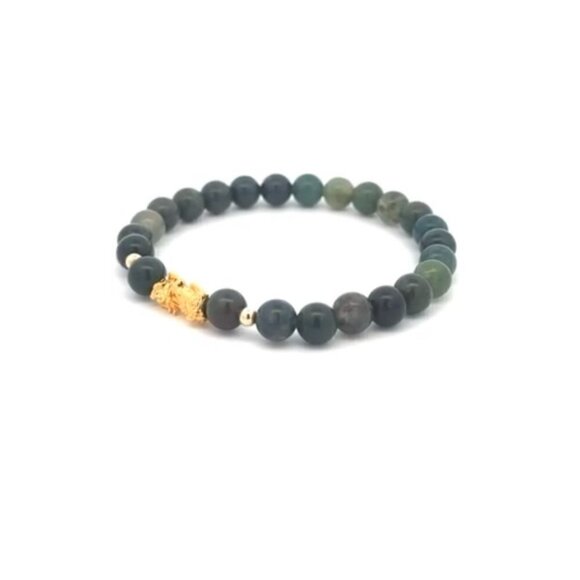 18K Gold Dragon Pixiu Piyao Lucky Charm Beads Bracelet Gemstones Moss Agate 6mm - Picture 3 of 4
